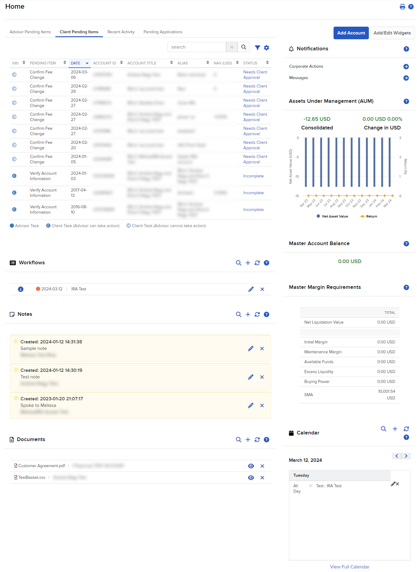 The advisor portal home page. 